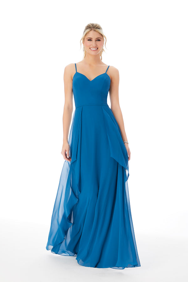 chiffon bridesmaid dress with cascading skirt B243003_Delightful Poly Chiffon High-Low Asymmetrical A-Line Dress with Halter Neckline and Cascading Ruffled Skirt